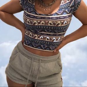 blue and white patterned crop top